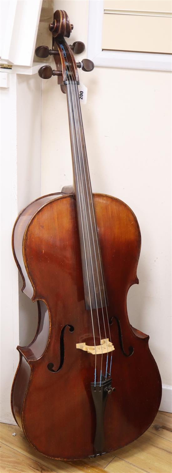 A 19th century German cello labelled Neuner und Hornsteiner and a Stradivarius label, hard cased.